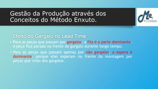 Gestão da Produção através dos 
Conceitos do Método Enxuto. 
Efeito do Gargalo no Lead Time 
• Para as peças que passam por gargalos, a fila é a parte dominante. 
A peça fica parada na frente do gargalo durante longo tempo. 
• Para as peças que passam apenas por não gargalos, a espera é 
dominante, porque elas esperam na frente da montagem por 
peças que virão dos gargalos. 
 