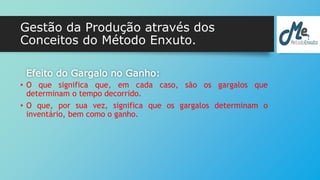 Gestão da Produção através dos 
Conceitos do Método Enxuto. 
Efeito do Gargalo no Ganho: 
• O que significa que, em cada caso, são os gargalos que 
determinam o tempo decorrido. 
• O que, por sua vez, significa que os gargalos determinam o 
inventário, bem como o ganho. 
 