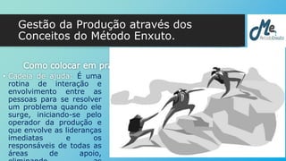 Gestão da Produção através dos 
Conceitos do Método Enxuto. 
Como colocar em prática: 
• Cadeia de ajuda: É uma 
rotina de interação e 
envolvimento entre as 
pessoas para se resolver 
um problema quando ele 
surge, iniciando-se pelo 
operador da produção e 
que envolve as lideranças 
imediatas e os 
responsáveis de todas as 
áreas de apoio, 
eliminando as 
 