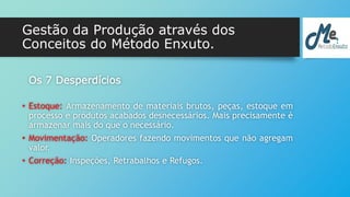 Gestão da Produção através dos 
Conceitos do Método Enxuto. 
Os 7 Desperdícios 
• Estoque: Armazenamento de materiais brutos, peças, estoque em 
processo e produtos acabados desnecessários. Mais precisamente é 
armazenar mais do que o necessário. 
• Movimentação: Operadores fazendo movimentos que não agregam 
valor. 
• Correção: Inspeções, Retrabalhos e Refugos. 
 