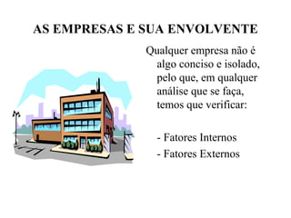 AS EMPRESAS E SUA ENVOLVENTE
Qualquer empresa não é
algo conciso e isolado,
pelo que, em qualquer
análise que se faça,
temos que verificar:
- Fatores Internos
- Fatores Externos
 