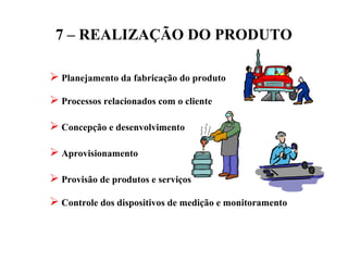 7 – REALIZAÇÃO DO PRODUTO
 Planejamento da fabricação do produto
 Processos relacionados com o cliente
 Concepção e desenvolvimento
 Aprovisionamento
 Provisão de produtos e serviços
 Controle dos dispositivos de medição e monitoramento
 