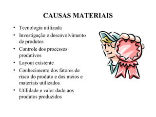 CAUSAS MATERIAIS
• Tecnologia utilizada
• Investigação e desenvolvimento
de produtos
• Controle dos processos
produtivos
• Layout existente
• Conhecimento dos fatores de
risco do produto e dos meios e
materiais utilizados
• Utilidade e valor dado aos
produtos produzidos
 