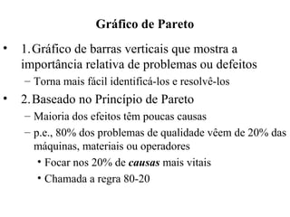 Gráfico de Pareto
• 1.Gráfico de barras verticais que mostra a
importância relativa de problemas ou defeitos
– Torna mais fácil identificá-los e resolvê-los
• 2.Baseado no Princípio de Pareto
– Maioria dos efeitos têm poucas causas
– p.e., 80% dos problemas de qualidade vêem de 20% das
máquinas, materiais ou operadores
• Focar nos 20% de causas mais vitais
• Chamada a regra 80-20
 