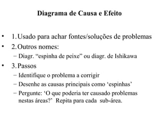Diagrama de Causa e Efeito
• 1.Usado para achar fontes/soluções de problemas
• 2.Outros nomes:
– Diagr. “espinha de peixe” ou diagr. de Ishikawa
• 3.Passos
– Identifique o problema a corrigir
– Desenhe as causas principais como ‘espinhas’
– Pergunte: ‘O que poderia ter causado problemas
nestas áreas?’ Repita para cada sub-área.
 