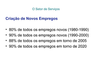 O Setor de Serviços
Criação de Novos Empregos
• 80% de todos os empregos novos (1980-1990)
• 90% de todos os empregos novos (1990-2000)
• 88% de todos os empregos em torno de 2005
• 90% de todos os empregos em torno de 2020
 