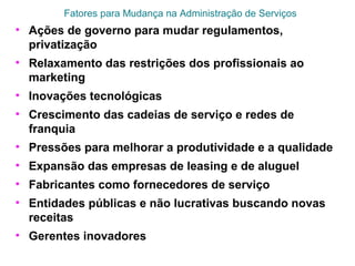 Fatores para Mudança na Administração de Serviços
• Ações de governo para mudar regulamentos,
privatização
• Relaxamento das restrições dos profissionais ao
marketing
• Inovações tecnológicas
• Crescimento das cadeias de serviço e redes de
franquia
• Pressões para melhorar a produtividade e a qualidade
• Expansão das empresas de leasing e de aluguel
• Fabricantes como fornecedores de serviço
• Entidades públicas e não lucrativas buscando novas
receitas
• Gerentes inovadores
 