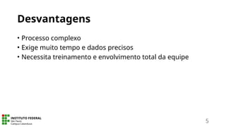 Desvantagens
• Processo complexo
• Exige muito tempo e dados precisos
• Necessita treinamento e envolvimento total da equipe
5
 