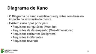 Diagrama de Kano
• O Diagrama de Kano classifica os requisitos com base no
impacto na satisfação do cliente.
• Existem cinco tipos principais:
• Requisitos obrigatórios (Must-be)
• Requisitos de desempenho (One-dimensional)
• Requisitos excitantes (Delighters)
• Requisitos indiferentes
• Requisitos reversos
9
 