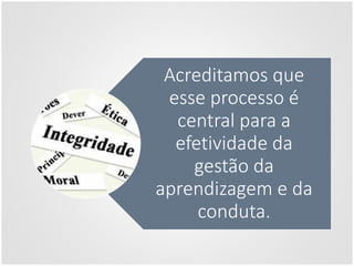 Acreditamos que
esse processo é
central para a
efetividade da
gestão da
aprendizagem e da
conduta.
 