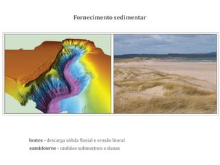 fontes - descarga sólida fluvial e erosão litoral
Fonte: SIARL
sumidouros - canhões submarinos e dunas
Fornecimento sedimentar
 