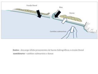 fontes - descarga sólida provenientes de bacias hidrográficas e erosão litoral
Erosão litoral
Rios
Dunas
Canhões submarinos
sumidouros - canhões submarinos e dunas
 