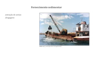 .extração de areias
.dragagens
fonte http://www.geocities.com/gpaixaopt/
Fornecimento sedimentar
 