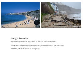A praia reflete variações associadas ao clima de agitação incidente.
Energia das ondas
verão - estado de mar menos energéticos; regime de calmaria predominante
inverno - estado de mar mais energéticos
Praia da Baleia
 