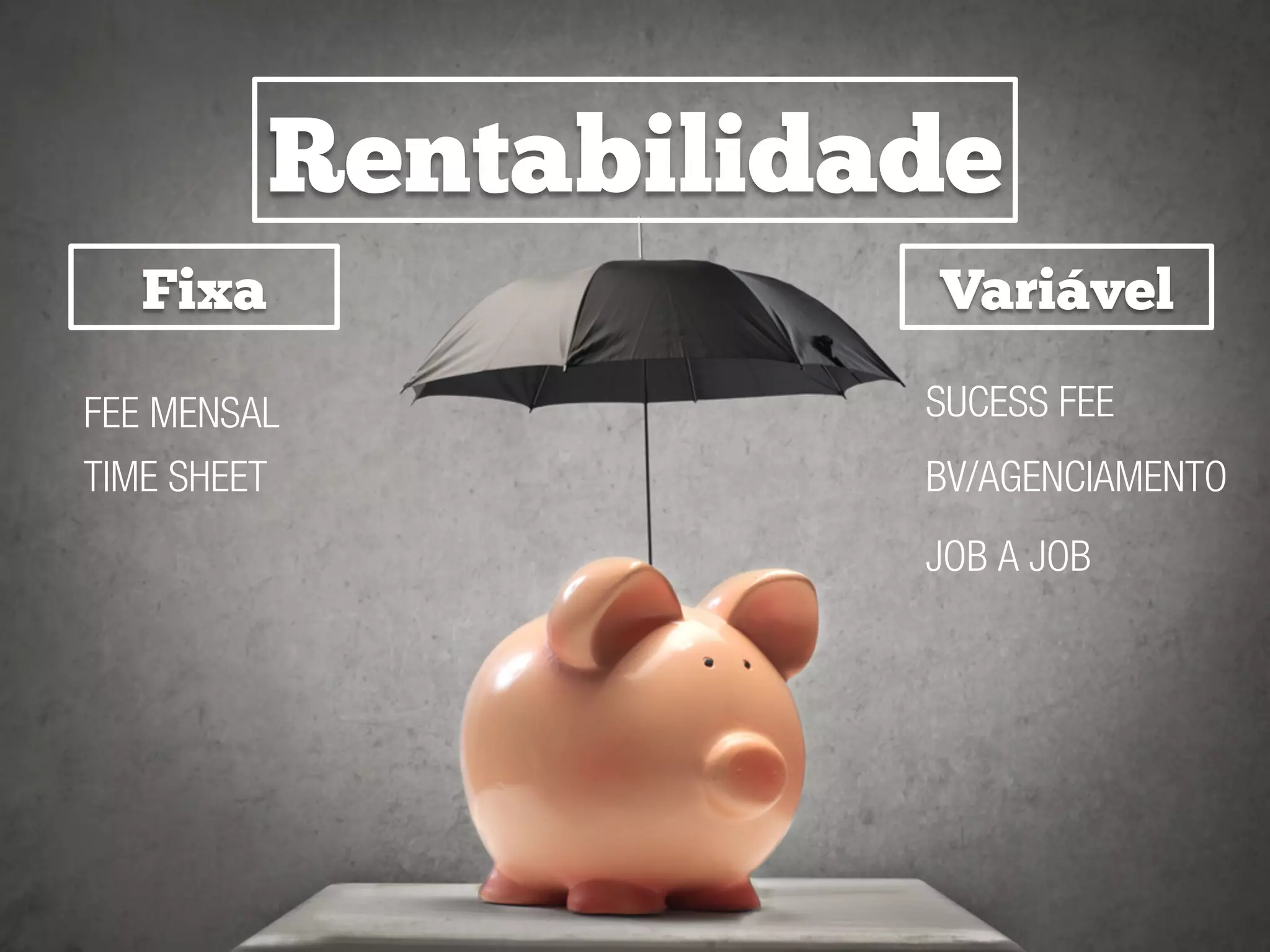 Fixa Variável
Rentabilidade
FEE MENSAL SUCESS FEE
BV/AGENCIAMENTOTIME SHEET
JOB A JOB
 