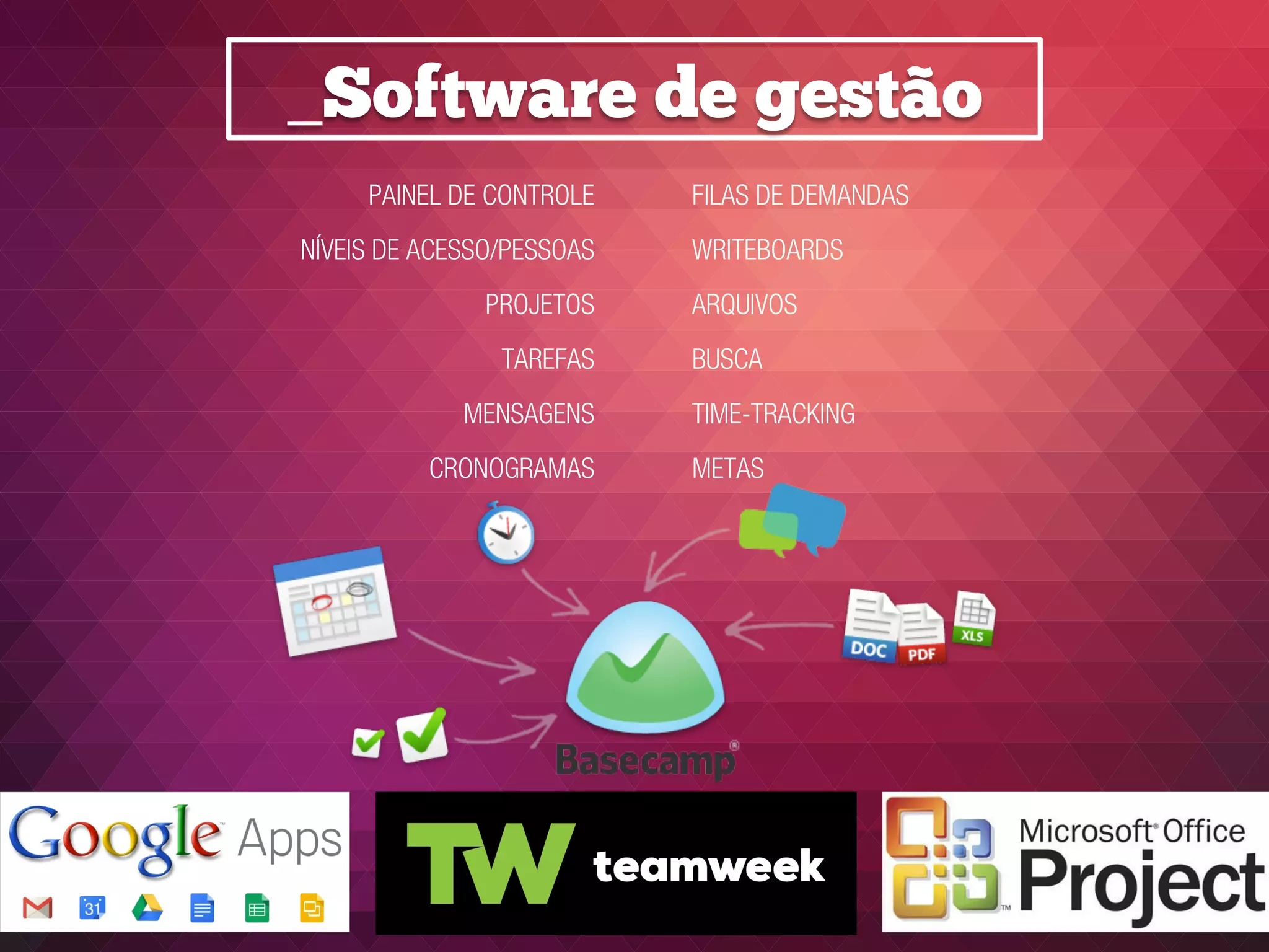 _Software de gestão
FILAS DE DEMANDAS
WRITEBOARDS
ARQUIVOS
BUSCA
TIME-TRACKING
METAS
PAINEL DE CONTROLE
NÍVEIS DE ACESSO/PESSOAS
PROJETOS
TAREFAS
MENSAGENS
CRONOGRAMAS
 