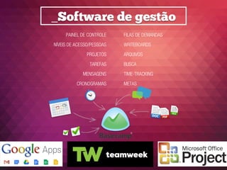 _Software de gestão
FILAS DE DEMANDAS
WRITEBOARDS
ARQUIVOS
BUSCA
TIME-TRACKING
METAS
PAINEL DE CONTROLE
NÍVEIS DE ACESSO/PESSOAS
PROJETOS
TAREFAS
MENSAGENS
CRONOGRAMAS
 