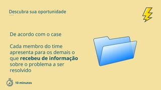 Descubra sua oportunidade
De acordo com o case
Cada membro do time
apresenta para os demais o
que recebeu de informação
sobre o problema a ser
resolvido
10 minutos
 