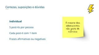 Certezas, suposições e dúvidas
Individual
5 post-its por pessoa
Cada post-it com 1 item
Frases afirmativas ou negativas
A maioria dos
adolescentes
não gosta de
exercício
 