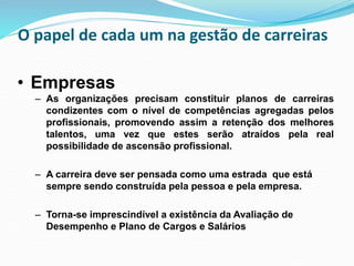 • Empresas
– As organizações precisam constituir planos de carreiras
condizentes com o nível de competências agregadas pelos
profissionais, promovendo assim a retenção dos melhores
talentos, uma vez que estes serão atraídos pela real
possibilidade de ascensão profissional.
– A carreira deve ser pensada como uma estrada que está
sempre sendo construída pela pessoa e pela empresa.
– Torna-se imprescindível a existência da Avaliação de
Desempenho e Plano de Cargos e Salários
O papel de cada um na gestão de carreiras
 