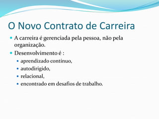 O Novo Contrato de Carreira
 A carreira é gerenciada pela pessoa, não pela
organização.
 Desenvolvimento é :
 aprendizado contínuo,
 autodirigido,
 relacional,
 encontrado em desafios de trabalho.
 