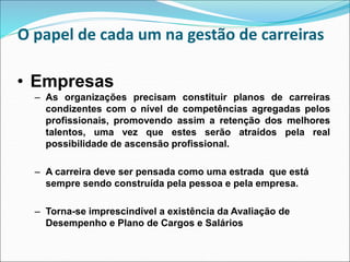 • Empresas
– As organizações precisam constituir planos de carreiras
condizentes com o nível de competências agregadas pelos
profissionais, promovendo assim a retenção dos melhores
talentos, uma vez que estes serão atraídos pela real
possibilidade de ascensão profissional.
– A carreira deve ser pensada como uma estrada que está
sempre sendo construída pela pessoa e pela empresa.
– Torna-se imprescindível a existência da Avaliação de
Desempenho e Plano de Cargos e Salários
O papel de cada um na gestão de carreiras
 