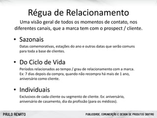 PAULO RENATO PUBLICIDADE, COMUNICAÇÃO E DESIGN DE PRODUTOS DIGITAIS
Régua	
  de	
  Relacionamento
Uma	
  visão	
  geral	
  de	
  todos	
  os	
  momentos	
  de	
  contato,	
  nos	
  
diferentes	
  canais,	
  que	
  a	
  marca	
  tem	
  com	
  o	
  prospect	
  /	
  cliente.
• Sazonais
Datas	
  comemorativas,	
  estações	
  do	
  ano	
  e	
  outras	
  datas	
  que	
  serão	
  comuns	
  
para	
  toda	
  a	
  base	
  de	
  clientes.	
  
• Do	
  Ciclo	
  de	
  Vida
Períodos	
  relacionados	
  ao	
  tempo	
  /	
  grau	
  de	
  relacionamento	
  com	
  a	
  marca.	
  
Ex:	
  7	
  dias	
  depois	
  da	
  compra,	
  quando	
  não	
  recompra	
  há	
  mais	
  de	
  1	
  ano,	
  
aniversário	
  como	
  cliente.	
  
• Individuais
Exclusivos	
  de	
  cada	
  cliente	
  ou	
  segmento	
  de	
  cliente.	
  Ex:	
  aniversário,	
  
aniversário	
  de	
  casamento,	
  dia	
  da	
  profissão	
  (para	
  os	
  médicos).	
  
 