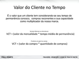 PAULO RENATO PUBLICIDADE, COMUNICAÇÃO E DESIGN DE PRODUTOS DIGITAIS
ATRAIR CONQUISTAR FIDELIZAR
Pesquisas
Conteúdo Especializado
Monitoramento Social
Serviços Exclusivos
Feedbacks
Valor	
  do	
  Cliente	
  no	
  Tempo
É o valor que um cliente tem considerando-se seu tempo de
permanência conosco, compras recorrentes e sua capacidade
como multiplicador da nossa marca.
VCT	
  =	
  (valor	
  da	
  mensalidade	
  *	
  tempo	
  médio	
  de	
  permanência)
Serviços	
  Mensais	
  ou	
  Assinaturas
Formulários
Chamadas para Ação
Páginas Personalizadas
Produtos	
  em	
  geral	
  ou	
  varejo
VCT	
  =	
  (valor	
  da	
  compra	
  *	
  quantidade	
  de	
  compras)
 