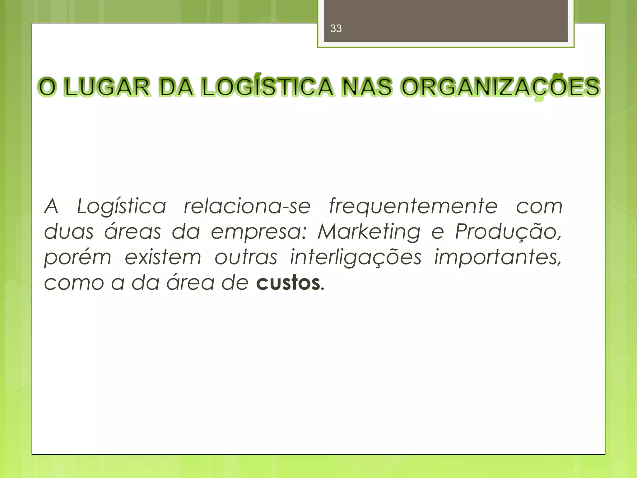 33 
A Logística relaciona-se frequentemente com 
duas áreas da empresa: Marketing e Produção, 
porém existem outras interligações importantes, 
como a da área de custos. 
 
