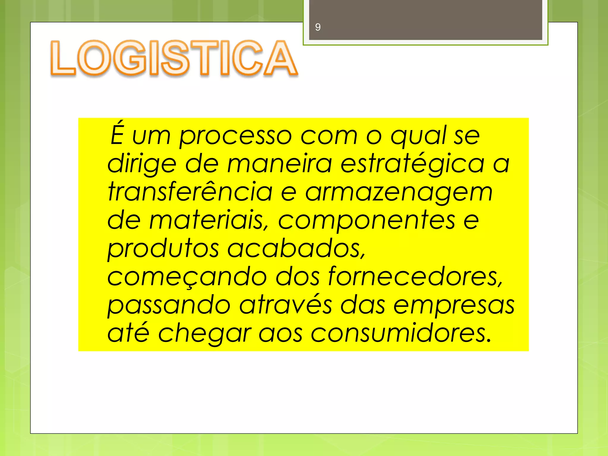 9 
É um processo com o qual se 
dirige de maneira estratégica a 
transferência e armazenagem 
de materiais, componentes e 
produtos acabados, 
começando dos fornecedores, 
passando através das empresas 
até chegar aos consumidores. 
 