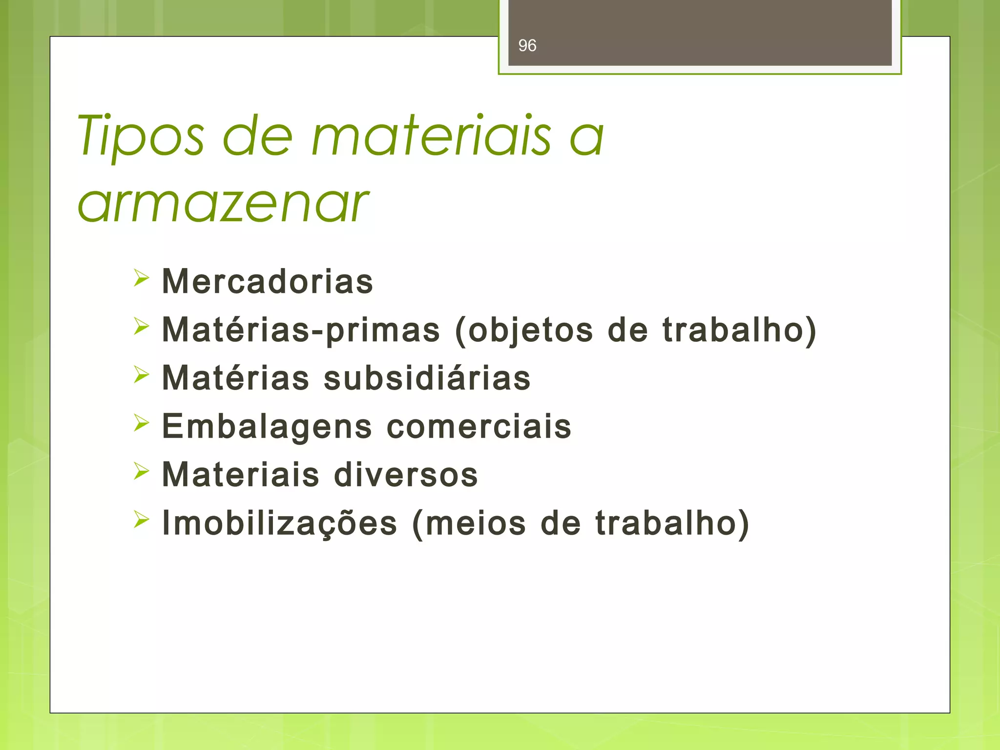 96 
Tipos de materiais a 
armazenar 
 Mercadorias 
 Matérias-primas (objetos de trabalho) 
 Matérias subsidiárias 
 Embalagens comerciais 
 Materiais diversos 
 Imobilizações (meios de trabalho) 
 