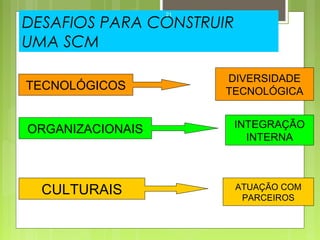 21 
DESAFIOS PARA CONSTRUIR 
UMA SCM 
TECNOLÓGICOS 
ORGANIZACIONAIS 
CULTURAIS 
DIVERSIDADE 
TECNOLÓGICA 
INTEGRAÇÃO 
INTERNA 
ATUAÇÃO COM 
PARCEIROS 
 