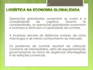 22 
Operações globalizadas aumentam os custos e a 
complexidade da Logística. Quanto às 
complexidades, as operações globalizadas aumentam 
a incerteza e diminuem a capacidade de controle. 
A incerteza decorre de distâncias maiores, de ciclos 
mais longos e de menor conhecimento do mercado. 
Os problemas de controle resultam da utilização 
constante de intermediários, além da regulamentação 
governamental na forma de exigências alfandegárias 
e de restrições comerciais. 
 