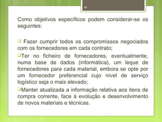 40 
Como objetivos específicos podem considerar-se os 
seguintes: 
 Fazer cumprir todos os compromissos negociados 
com os fornecedores em cada contrato; 
Ter no ficheiro de fornecedores, eventualmente, 
numa base de dados (informática), um leque de 
fornecedores para cada material, embora se opte por 
um fornecedor preferencial cujo nível de serviço 
logístico seja o mais elevado; 
Manter atualizada a informação relativa aos itens de 
compra corrente, face à evolução e desenvolvimento 
de novos materiais e técnicas. 
 