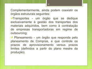 42 
Complementarmente, ainda podem coexistir os 
órgãos estruturais seguintes: 
Transportes - um órgão que se dedique 
exclusivamente à gestão dos transportes dos 
materiais adquiridos, bem como à contratação 
de empresas transportadoras em regime de 
outsourcing; 
 Planeamento - um órgão que responda pelo 
planeamento de Compras, e que controle os 
prazos de aprovisionamento versus prazos 
limites (definidos a partir do plano mestre da 
produção). 
 