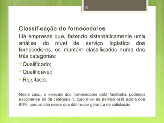 52 
Classificação de fornecedores 
Há empresas que, fazendo sistematicamente uma 
análise do nível de serviço logístico dos 
fornecedores, os mantém classificados numa das 
três categorias: 
Qualificado; 
Qualificável; 
Rejeitado. 
Neste caso, a seleção dos fornecedores está facilitada, podendo 
escolher-se os da categoria 1, cujo nível de serviço está acima dos 
80%, porque são esses que dão maior garantia de satisfação. 
 