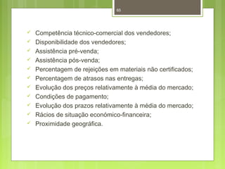 65 
 Competência técnico-comercial dos vendedores; 
 Disponibilidade dos vendedores; 
 Assistência pré-venda; 
 Assistência pós-venda; 
 Percentagem de rejeições em materiais não certificados; 
 Percentagem de atrasos nas entregas; 
 Evolução dos preços relativamente à média do mercado; 
 Condições de pagamento; 
 Evolução dos prazos relativamente à média do mercado; 
 Rácios de situação económico-financeira; 
 Proximidade geográfica. 
 
