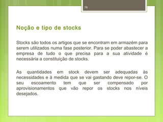 Noção e tipo de stocks 
78 
Stocks são todos os artigos que se encontram em armazém para 
serem utilizados numa fase posterior. Para se poder abastecer a 
empresa de tudo o que precisa para a sua atividade é 
necessária a constituição de stocks. 
As quantidades em stock devem ser adequadas às 
necessidades e à medida que se vai gastando deve repor-se. O 
seu escoamento tem que ser compensado por 
aprovisionamentos que vão repor os stocks nos níveis 
desejados. 
 
