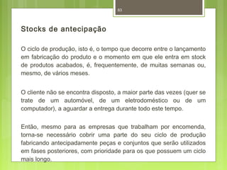 Stocks de antecipação 
83 
O ciclo de produção, isto é, o tempo que decorre entre o lançamento 
em fabricação do produto e o momento em que ele entra em stock 
de produtos acabados, é, frequentemente, de muitas semanas ou, 
mesmo, de vários meses. 
O cliente não se encontra disposto, a maior parte das vezes (quer se 
trate de um automóvel, de um eletrodoméstico ou de um 
computador), a aguardar a entrega durante todo este tempo. 
Então, mesmo para as empresas que trabalham por encomenda, 
torna-se necessário cobrir uma parte do seu ciclo de produção 
fabricando antecipadamente peças e conjuntos que serão utilizados 
em fases posteriores, com prioridade para os que possuem um ciclo 
mais longo. 
 