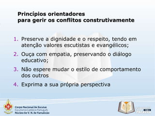 Princípios orientadores
para gerir os conflitos construtivamente
1. Preserve a dignidade e o respeito, tendo em
atenção valores escutistas e evangélicos;

2. Ouça com empatia, preservando o diálogo
educativo;
3. Não espere mudar o estilo de comportamento
dos outros

4. Exprima a sua própria perspectiva

 