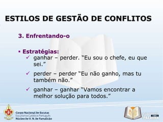 ESTILOS DE GESTÃO DE CONFLITOS
3. Enfrentando-o
 Estratégias:
 ganhar – perder. “Eu sou o chefe, eu que
sei.”
 perder – perder “Eu não ganho, mas tu
também não.”

 ganhar – ganhar “Vamos encontrar a
melhor solução para todos.”

 