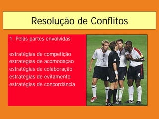 Resolução de Conflitos
1. Pelas partes envolvidas
estratégias de competição
estratégias de acomodação
estratégias de colaboração
estratégias de evitamento
estratégias de concordância
 