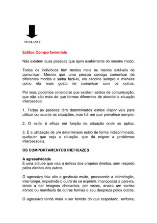Estilos Comportamentais
Não existem duas pessoas que ajam exatamente do mesmo modo.
Todos os indivíduos têm modos mais ou menos estáveis de
comunicar. Mesmo que uma pessoa consiga comunicar de
diferentes modos e saiba fazê-lo, ela escolhe sempre a maneira
como ela mais gosta de comunicar com os outros.
Por isso, podemos considerar que existem estilos de comunicação,
que não são mais do que formas diferentes de abordar a situação
interpessoal.
1. Todas as pessoas têm determinados estilos disponíveis para
utilizar consoante as situações, mas há um que prevalece sempre.
2. O estilo é eficaz em função da situação onde se aplica.
3. É a utilização de um determinado estilo de forma indiscriminada,
qualquer que seja a situação, que dá origem a problemas
interpessoais.
OS COMPORTAMENTOS INEFICAZES
A agressividade
É uma atitude que visa a defesa dos próprios direitos, sem respeito
pelos direitos dos outros.
O agressivo fala alto e gesticula muito, procurando a intimidação,
interrompe, impedindo o outro de se exprimir, monopoliza a palavra,
tende a dar imagens chocantes, por vezes, arvora um sorriso
irónico ou manifesta de outras formas o seu desprezo pelos outros.
O agressivo tende mais a ser temido do que respeitado, embora,
 