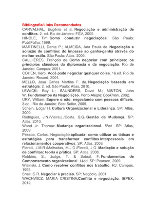 Bibliografia/Links Recomendados
CARVALHAL, Eugênio et al. Negociação e administração de
conflitos. 2. ed. Rio de Janeiro: FGV, 2009.
HINDLE, Tim. Como conduzir negociações. São Paulo:
PubliFolha, 1999.
MARTINELLI, Dante P.; ALMEIDA, Ana Paula de. Negociação e
solução de conflitos: do impasse ao ganha-ganha através do
melhor estilo. São Paulo: Atlas, 2009.
CALLIIÈRES, François de. Como negociar com príncipes: os
princípios clássicos da diplomacia e da negociação. Rio de
Janeiro: Campus: 2001.
COHEN, Herb. Você pode negociar qualquer coisa. 16.ed. Rio de
Janeiro: Record, 2004.
MELLO, José Carlos Martins F. de. Negociação baseada em
estratégia. 2. ed. São Paulo: Atlas, 2010.
LEWICKI, Roy L.; SAUNDERS, David M.; MINTON, John
W. Fundamentos da Negociação. Porto Alegre: Bookman, 2002.
URY, William. Supere o não: negociando com pessoas difíceis.
3.ed.. Rio de Janeiro: Best Seller, 2005.
Schein, Edgar H. Cultura Organizacional e Liderança. SP: Atlas,
2009.
Rodrigues, J.N./Vieira,L./Costa, S.G. Gestão da Mudança. SP:
Atlas, 2010.
Wood Jr. Thomaz. Mudança organizacional. 5ªed. SP: Atlas,
2009.
Pessoa, Carlos. Negociação aplicada: como utilizar as táticas e
estratégias para transformar conflitos interpessoais em
relacionamentos cooperativos. SP: Atlas, 2008
Fiorelli, J.M.R./Malhadas, M.J.O./Fiorelli, J.O. Mediação e solução
de conflitos: teoria e prática. SP: Atlas, 2008.
Robbins, S.; Judge, T. & Sobral, F. Fundamentos de
Comportamento organizacional. 14ed. SP: Pearson, 2009
Wisinski, J. Como resolver conflitos nos trabalho. RJ: Campus,
1993.
Shell, G.R. Negociar é preciso. SP: Negócio, 2001.
WACHWICZ, MARIA CRISTINA.Conflito e negociação. IBPEX,
2012.
 