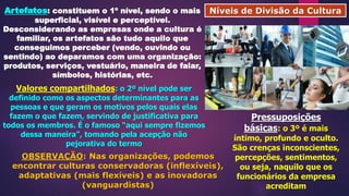 Níveis de Divisão da CulturaArtefatos: constituem o 1º nível, sendo o mais
superficial, visível e perceptível.
Desconsiderando as empresas onde a cultura é
familiar, os artefatos são tudo aquilo que
conseguimos perceber (vendo, ouvindo ou
sentindo) ao deparamos com uma organização:
produtos, serviços, vestuário, maneira de falar,
símbolos, histórias, etc.
Valores compartilhados: o 2º nível pode ser
definido como os aspectos determinantes para as
pessoas e que geram os motivos pelos quais elas
fazem o que fazem, servindo de justificativa para
todos os membros. É o famoso “aqui sempre fizemos
dessa maneira”, tomando pela acepção não
pejorativa do termo
Pressuposições
básicas: o 3º é mais
íntimo, profundo e oculto.
São crenças inconscientes,
percepções, sentimentos,
ou seja, naquilo que os
funcionários da empresa
acreditam
OBSERVAÇÃO: Nas organizações, podemos
encontrar culturas conservadoras (inflexíveis),
adaptativas (mais flexíveis) e as inovadoras
(vanguardistas)
 