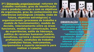 3ª) Dimensão organizacional: natureza do
trabalho realizado, grau de identificação
com o produto/serviço e com os objetivos
da organização, grau de conhecimento das
referências estratégicas (missão, visão de
futuro, objetivos estratégicos) e
organizacionais (processos de trabalho e
modelo de funcionamento), modelo de
decisão, relacionamento entre as áreas
funcionais, modelo de comunicação, troca
de experiências, estilo de liderança,
política de recursos humanos (salário,
benefícios, carreira e desenvolvimento
profissional), condições de trabalho
(condições físicas, instrumentos,
equipamentos e suporte necessário para
realizar o trabalho
OBSERVAÇÃO: A dimensão
organizacional é onde as
intervenções podem ocorrer
facilmente, pois incluem
fatores mais
“administráveis” pela
organização. Alterações nas
dimensões psicológica e
informal já dependem de
mudanças mais profundas e
transformações mais difíceis
 