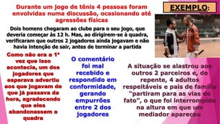 EXEMPLO:Durante um jogo de tênis 4 pessoas foram
envolvidas numa discussão, ocasionando até
agressões físicas
Dois homens chegaram ao clube para o seu jogo, que
deveria começar às 12 h. Mas, ao dirigirem-se à quadra,
verificaram que outros 2 jogadores ainda jogavam e não
havia intenção de sair, antes de terminar a partida
Como não era a 1ª
vez que isso
acontecia, um dos
jogadores que
esperava advertiu
aos que jogavam de
que já passava da
hora, agradecendo
que eles
abandonassem a
quadra
O comentário
foi mal
recebido e
respondido em
conformidade,
gerando
empurrões
entre 2 dos
jogadores
A situação se alastrou aos
outros 2 parceiros e, de
repente, 4 adultos
respeitáveis e pais de família
“partiram para as vias de
fato”, o que foi interrompido
na altura em que um
mediador apareceu
 