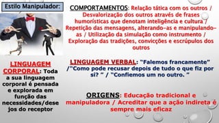Estilo Manipulador: COMPORTAMENTOS: Relação tática com os outros /
Desvalorização dos outros através de frases
humorísticas que denotam inteligência e cultura /
Repetição das mensagens, alterando-as e manipulando-
as / Utilização da simulação como instrumento /
Exploração das tradições, convicções e escrúpulos dos
outros
LINGUAGEM
CORPORAL: Toda
a sua linguagem
corporal é pensada
e explorada em
função das
necessidades/dese
jos do receptor
LINGUAGEM VERBAL: “Falemos francamente”
/“Como pode recusar depois de tudo o que fiz por
si? ” / “Confiemos um no outro. ”
ORIGENS: Educação tradicional e
manipuladora / Acreditar que a ação indireta é
sempre mais eficaz
 