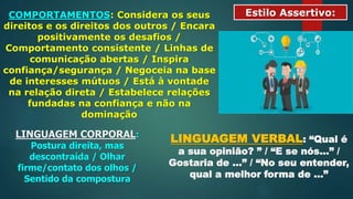 Estilo Assertivo:COMPORTAMENTOS: Considera os seus
direitos e os direitos dos outros / Encara
positivamente os desafios /
Comportamento consistente / Linhas de
comunicação abertas / Inspira
confiança/segurança / Negoceia na base
de interesses mútuos / Está à vontade
na relação direta / Estabelece relações
fundadas na confiança e não na
dominação
LINGUAGEM CORPORAL:
Postura direita, mas
descontraída / Olhar
firme/contato dos olhos /
Sentido da compostura
LINGUAGEM VERBAL: “Qual é
a sua opinião? ” / “E se nós…” /
Gostaria de …” / “No seu entender,
qual a melhor forma de …”
 