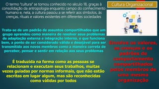 Cultura OrganizacionalO termo “cultura” se tornou conhecido no século 18, graças à
consolidação da antropologia enquanto campo do conhecimento
humano e, nela, a cultura passou a se referir aos símbolos, às
crenças, rituais e valores existentes em diferentes sociedades
Trata-se de um padrão de assuntos compartilhados que um
grupo aprendeu como maneira de resolver seus problemas
de adaptação externa e integração interna, e que funciona
bem, a ponto de ser considerado válido e desejável para ser
transmitido aos novos membros como a maneira correta de
perceber, pensar e sentir em relação aos seus problemas
Envolve os valores,
as crenças e os
padrões de
comportamento
compartilhados
pelos membros de
uma mesma
organização
É traduzida na forma como as pessoas se
relacionam e executam seus trabalhos, muitas
vezes guiadas por normas informais, que não estão
escritas em lugar algum, mas são reconhecidas
como válidas por todos
 